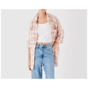 American Eagle Oversized Linen Blend Plaid Button Down Shirt Roll Tab Sleeve XS